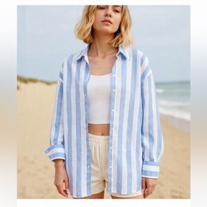 H&M Linen Relaxed Light Blue & White Vertical Stripe Button-Down Shirt